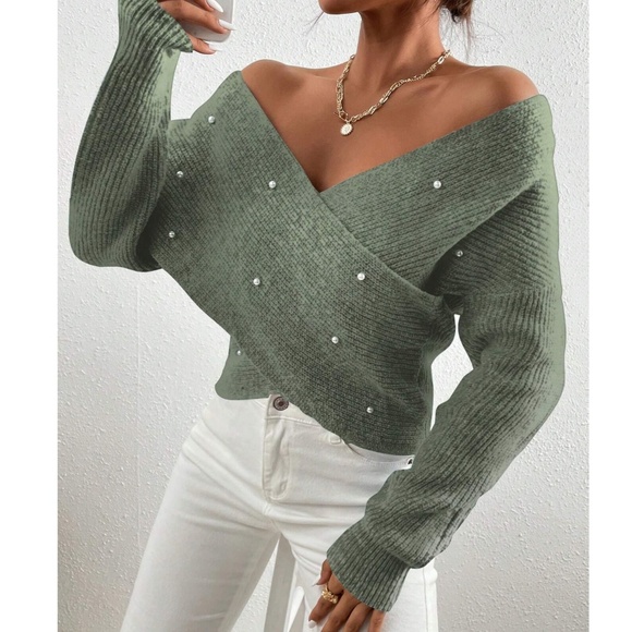 Luxe Faux Pearl Wrap Off Shoulder Sweater Top - Picture 2 of 7